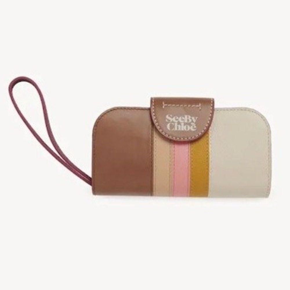 See By Chloe Laetizia Long Folded‎ Wallet Beige Pink Stripe Leather Wristlet NEW